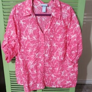 Liz & Me Pink and White 3/4 Sleeve Button Down Shirt